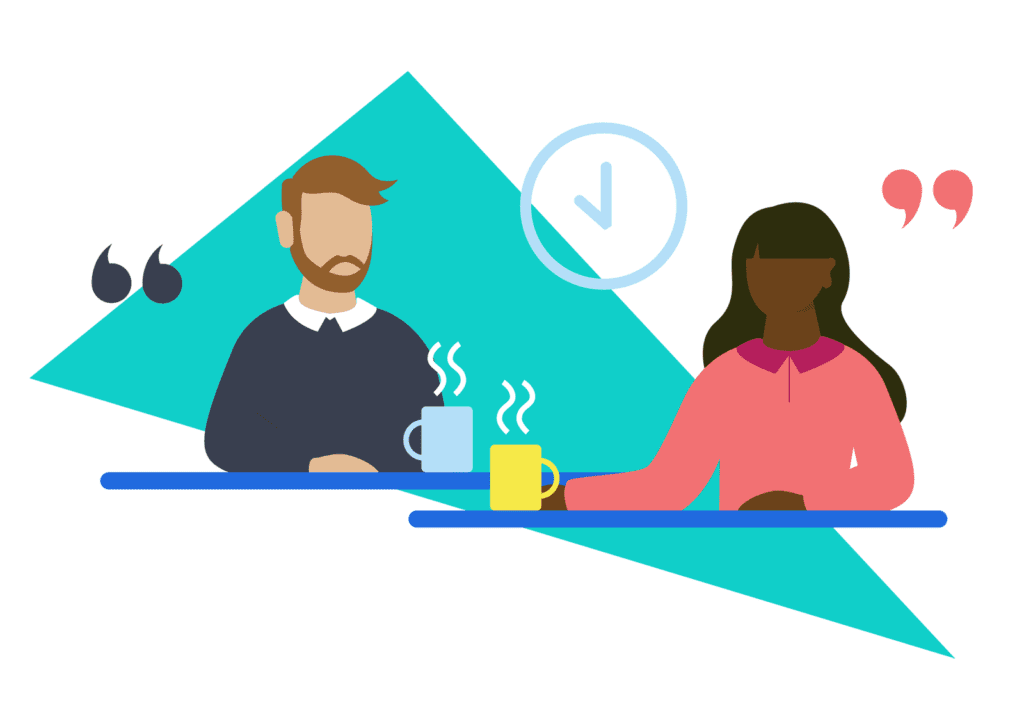 Two illustrated people chatting over coffee at a desk
