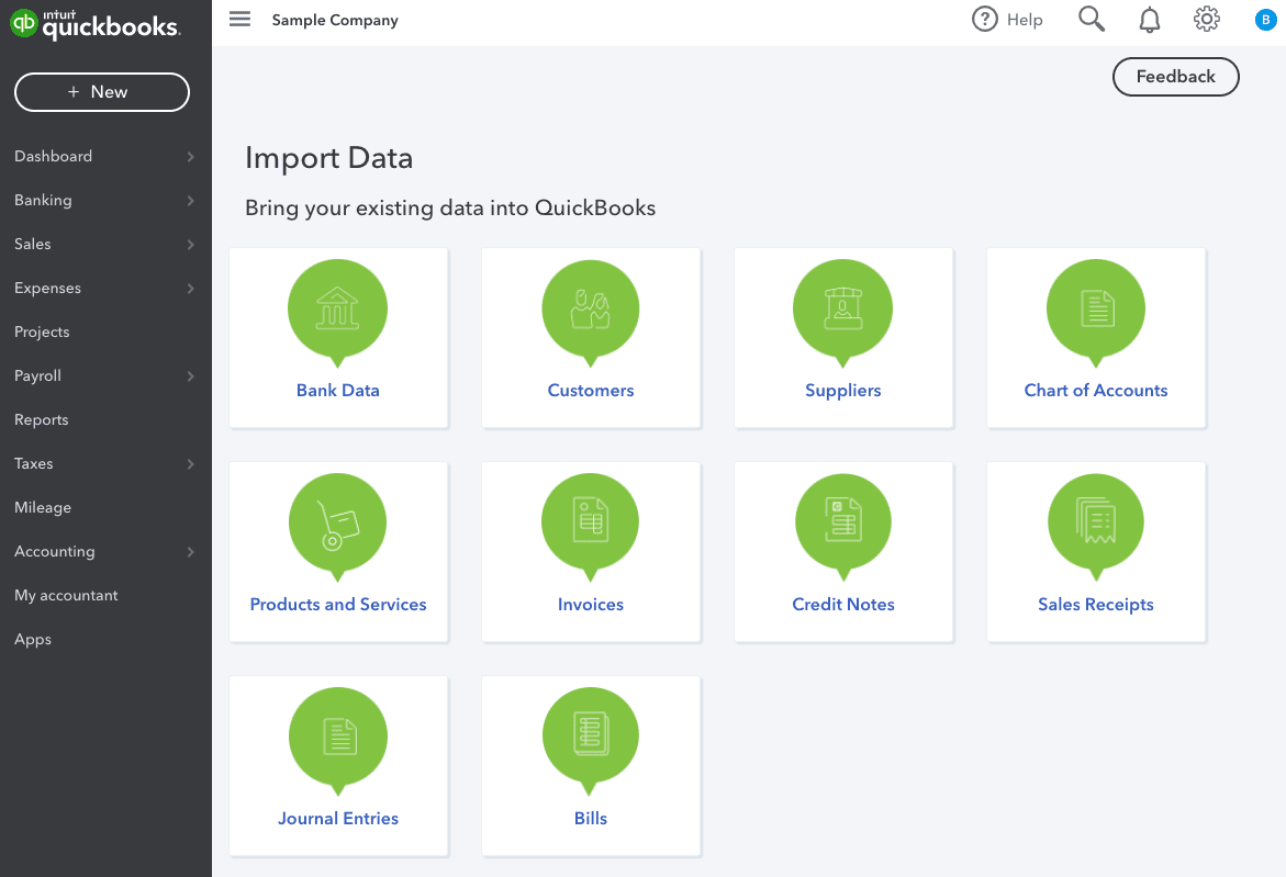 Quickbooks data import dashboard